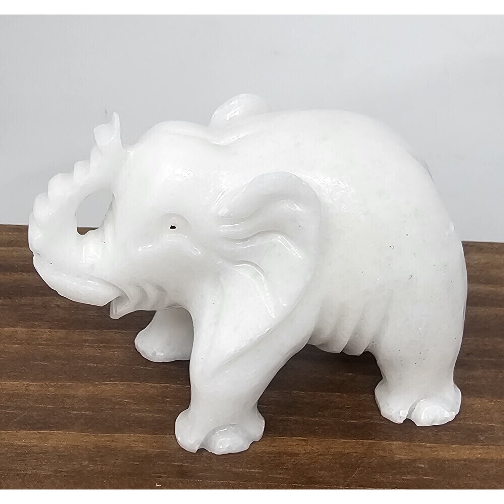 Hand Carved Natural White Stone Elephant Figurine Statue Trunk Up Good Luck 3.5"